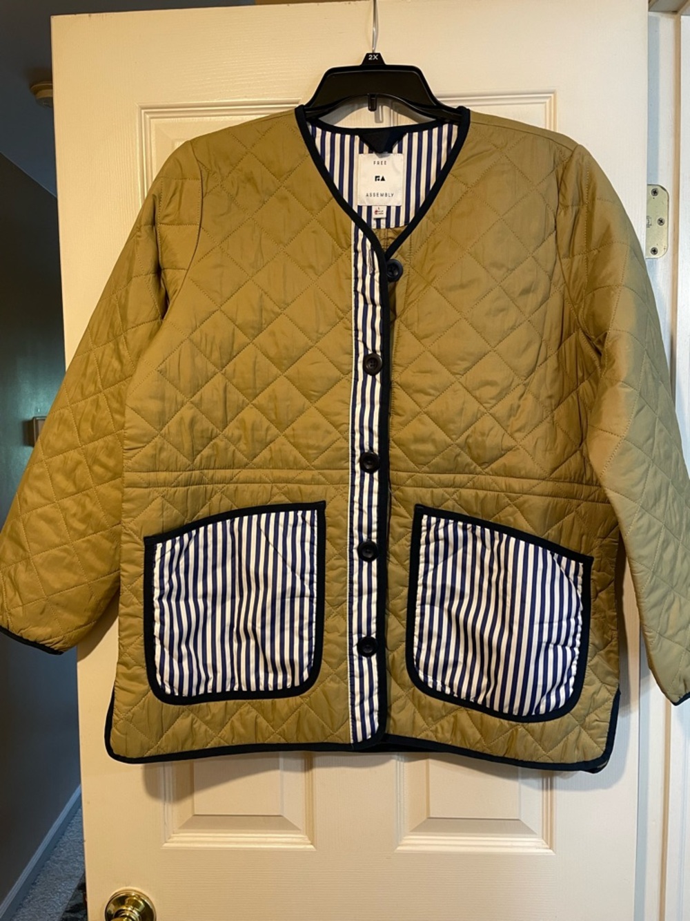 Free Assembly Striped-Trim Quilted Utility Jacket, gold and Blue accents.